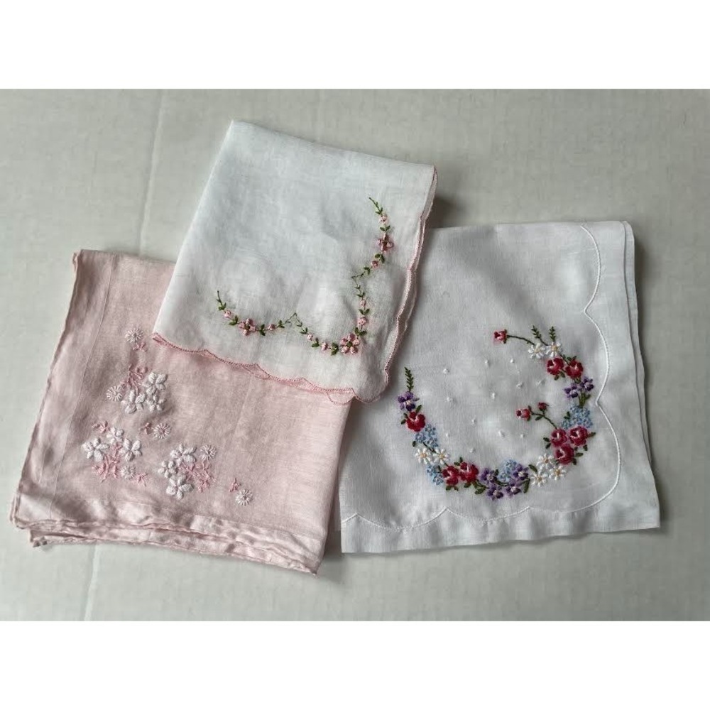 Floral Embroidered Vintage Handkerchief Lot of 3